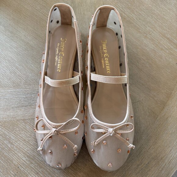 Juicy Couture FEFI Rhinestone Tan Mesh Ballet Flats - Size 8M - Gently Used - Picture 1 of 6